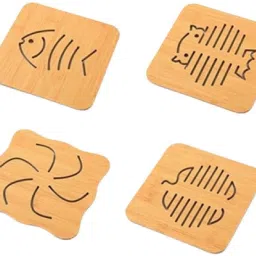4 PCS Openwork Wooden Coasters Cutlery Thickened Non Slip Pan Dish Mats WOOD, (Random Pattern) Trivet-image-2