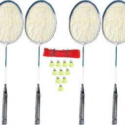 SET OF 4 PC Single Shaft Racket + 10 PC Shuttle + Badminton Net / Badminton Kit-0
