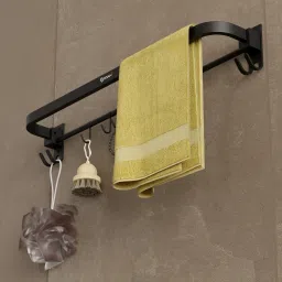 Elegant Foldable Towel Rod | Holder | Hanger | Shelf With Hooks And Hanger Black Matte Towel Holder-15