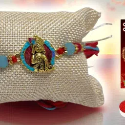 Religious Ladoo Gopal Metal Rakhi Card n Roli R203 Gold Finish Rakhi Set-image-49