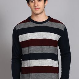 raymond Men Striped Crew Neck Dark Blue Sweater-picture-15