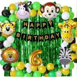 Solid Jungle Theme Sixth Birthday Decoration Set-Ballon,Curtain,Banner,letterfoil Balloon-1