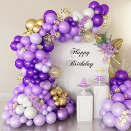 Solid Purple Golden White Balloons Garland Decoration Kit With Arch Pack Of 102 Balloon-16