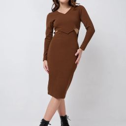 Women Bodycon Brown Below Knee Dress-image-10