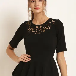 Casual Regular Sleeves Solid, Self Design Women Black Top-image-29