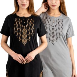Pack of 2 Women Printed Round Neck Cotton Blend Black, Grey T-Shirt-image-65