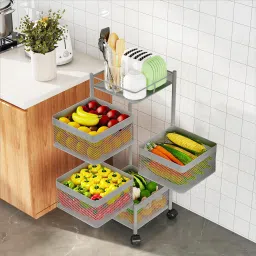 4-Tier Revolving Multipurpose Storage Rack with Wheels | Silver Iron Fruit & Vegetable Basket-45