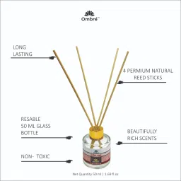 Ombre Glass Patchouli Reed Diffuser Set (50ml) with 4 Natural Reed Sticks. Ideal for Office Cabins, Room, Washrooms, Cubicles, Stores, Reception Area Etc.. Diffuser image 3