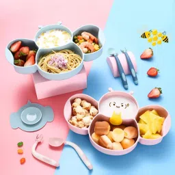 Set of 6 Silicone No BPA Baby Kid Feeding Dinner Set Gift Spoon Fork Bowl Cup - Silicone-5