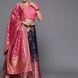 Sangria Navy Blue Woven Design Banarasi Silk Semi-Stitched Lehenga Choli-picture-48