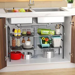 keekos Containers Kitchen Rack Under Sink Organizer,2 Tier Extendable Sink Shelf,Adjustable Storage Organiser Iron-picture-18