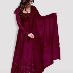 Women Applique Art Silk Anarkali Kurta With Attached Dupatta-picture-17