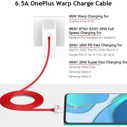 CEDO Type C 2 A 1 m Warp Charge Type-C 65WT Data Cable Compatible One Plus 8T/9/9pro/9/nord 2/9r Red image 2