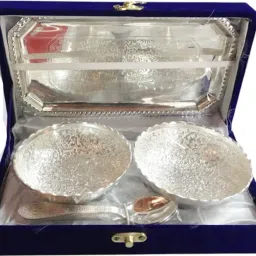 Pack of 5 Silver Plated Elegant Silver-Plated 2 Bowl, 2 Spoon & 1 Tray Set with velvet box Dinner Set-18
