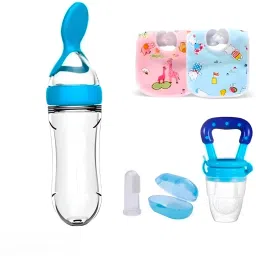 Silicone Baby Spoon Bottle fruit nibbler Finger Tooth Brush and Baby bib 2pc Feeder-13