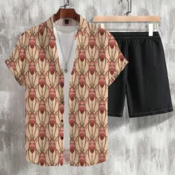 Men Top & Shorts Set Beige, Black Printed-image-3