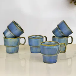 StyleMyWay Teal & Gold-Toned Handcrafted Textured Ceramic Glossy Mugs Set of Cups and Mugs-48