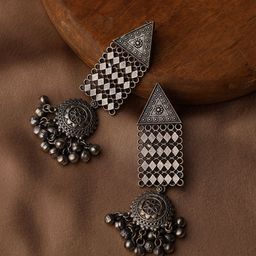 VENI 925 Silver-Plated Contemporary Shaped Oxidised Drop Earrings-26