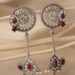VENI 925 Sterling Silver-Plated Artificial Stone Studded Oxodised Drop Earrings-4