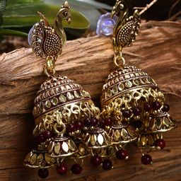 ANIKAS CREATION Gold-Plated & Maroon Peacock Shaped Jhumkas Earrings-image-38