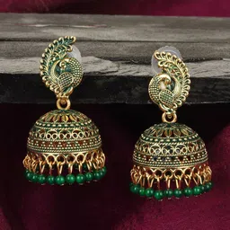 ANIKAS CREATION Gold-Plated Green Enamelled Contemporary Jhumkas-image-32