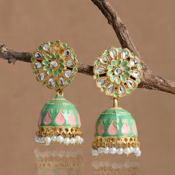 DASTOOR Brass-Plated Dome Shaped Kundan Studded Jhumkas-7