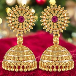 Vighnaharta Gold-Plated Artificial Stones Studded Dome Jhumkas-71