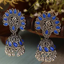 Shining Diva Silver-Toned & Blue Contemporary Jhumkas Earrings-picture-37