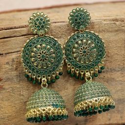 Crunchy Fashion Green Gold Plated Contemporary Jhumkas Earrings-43