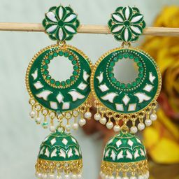 Crunchy Fashion Gold-Plated Green & White Meenakari Jhumkas Earrings-image-27