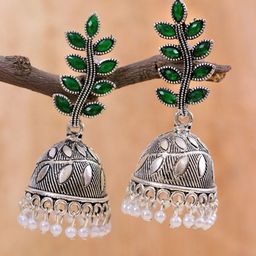 Crunchy Fashion Green Artificial Stone Studded Leaf Oxidized Silver Jhumka-image-47