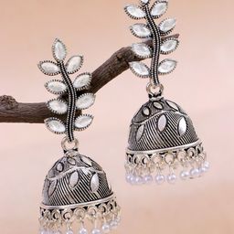 Crunchy Fashion White & Silver-Plated Leaf Shaped Jhumkas Earrings-image-14