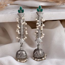 DASTOOR Silver-Plated Oxodised Beaded Contemporary Jhumkas-30
