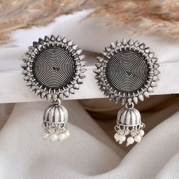 DASTOOR Silver-Plated Oxidised Contemporary Jhumkas-14