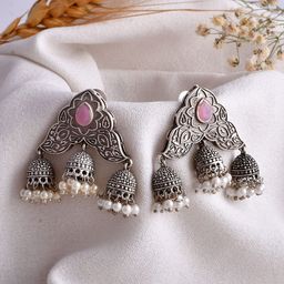 DASTOOR Silver-Plated Dome Shaped Jhumkas-56