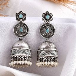 DASTOOR  Silver-Plated Oxodised Beaded Contemporary Jhumkas-20