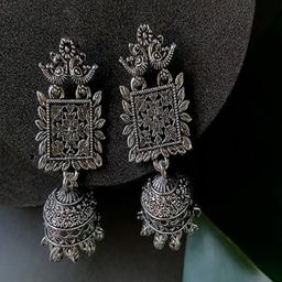 I Jewels Silver-Plated Dome Shaped Oxidised Jhumkas-52