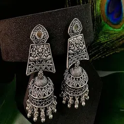 I Jewels Silver-Plated Dome Shaped Oxidised Jhumkas-54