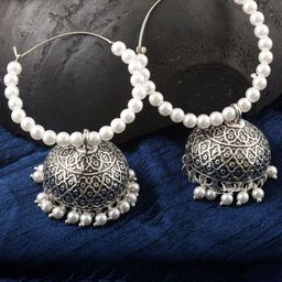MEENAZ Silver-Plated Stainless Steel Beaded Oxidised Contemporary Jhumkas-52