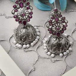 ADIVA Oxidised Silver-Plated Kundan-Studded Dome Shaped Classic Jhumkas-32