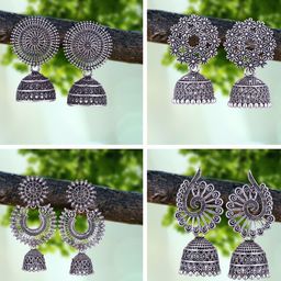 MEENAZ Set Of 4 Silver-Plated Oxidised Peacock Shaped Jhumkas-14