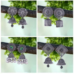 MEENAZ Pack Of 4 Silver-Plated Oxidised Peacock Shaped Jhumkas-image-31