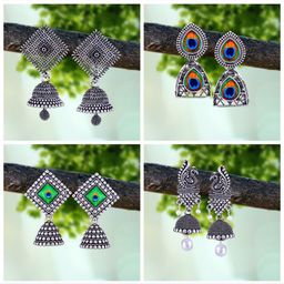 MEENAZ Set Of 4 Silver-Plated Oxidised Peacock Shaped Jhumkas-14