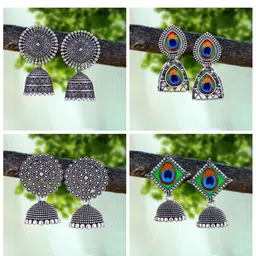 MEENAZ Set Of 4 Silver-Plated Oxidised Peacock Shaped Jhumkas-image-97