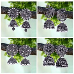 MEENAZ Pack Of 4 Silver-Plated Oxidised Peacock Shaped Jhumkas-15