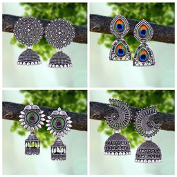 MEENAZ Set Of 4 Silver-Plated Oxidised Peacock Shaped Jhumkas-30