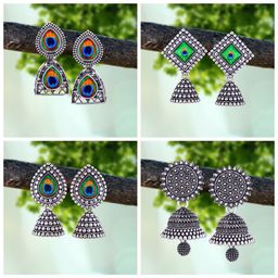 MEENAZ Set Of 4 Silver-Plated Beaded Classic Oxidised Jhumkas-7