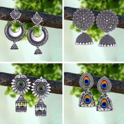 MEENAZ Set Of 4 Silver Plated Peacock Shaped Oxidised Jhumkas-6