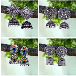 MEENAZ Set Of 4 Silver-Plated Artificial Beads Beaded Peacock Shaped Drop Earrings-8