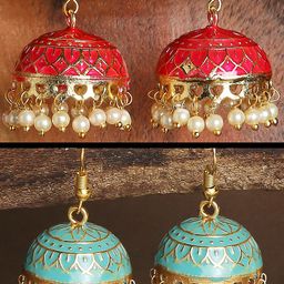 OOMPH Pack Of 2 Green & Pink Enamelled Dome Shaped Jhumkas Earrings-image-92